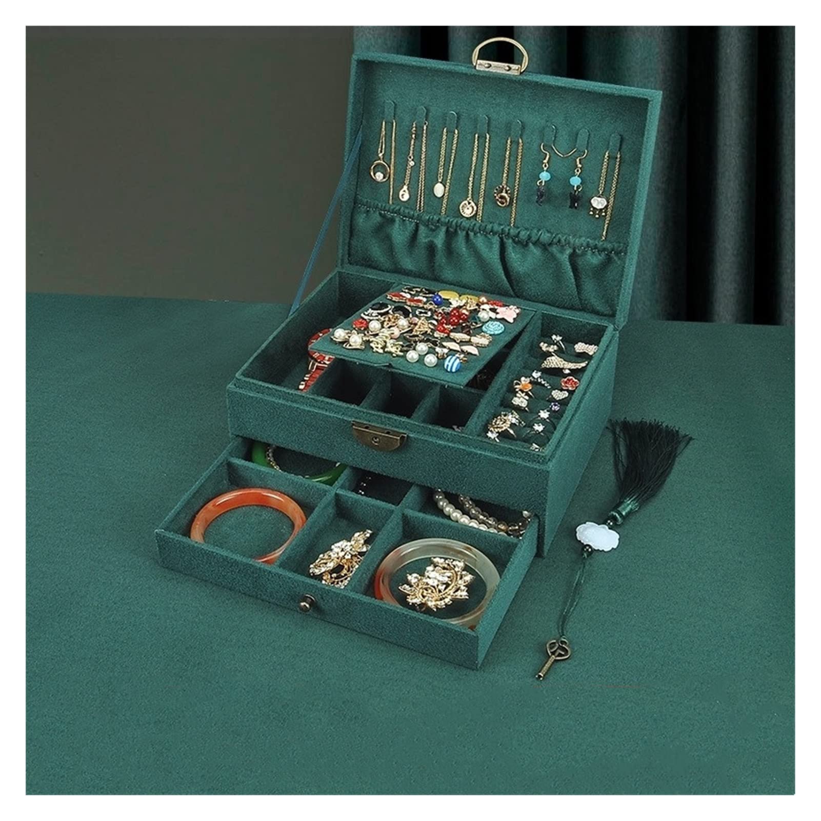 Joyero Multicapa con Cerradura, para Guardar Pendientes, Collares, Joyas, Estilo Retro, Gran Capacidad(303 Verde)