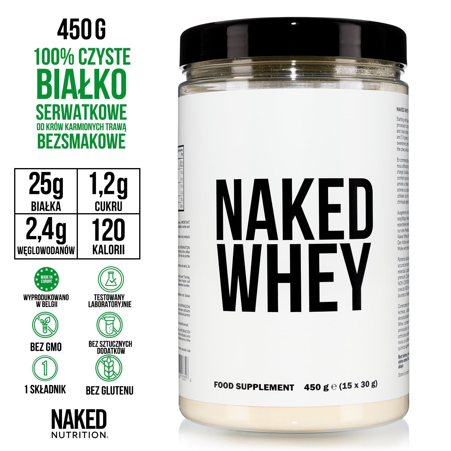 Naked Whey – białko serwatkowe w proszku, bez smaku, bez GMO, bez soi, bez glutenu, wspomaga wzrost i regenerację mięśni, 450 g