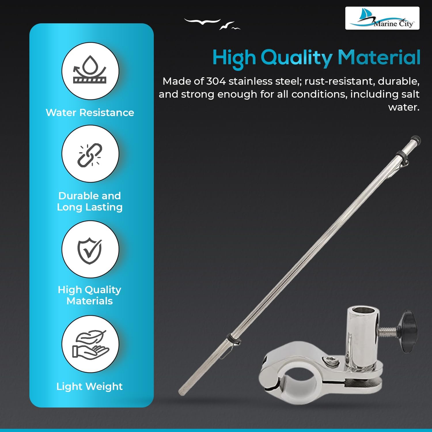 MARINE CITY Rail-Mounted Flag Pole 21-Inch, Rust-Resistant 304 Stainless Steel, Adjustable Flagpole Base for Yachts, RVs, Boats, Marines