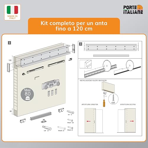 PORTE ITALIANE SLIDING DOOR TRACK, Invisible Magical 1200 for External Sliding Door Wood Wall, Kit includes Track, Wheels, Bottom Guide, Up to 1200mm, Modern Style - 7