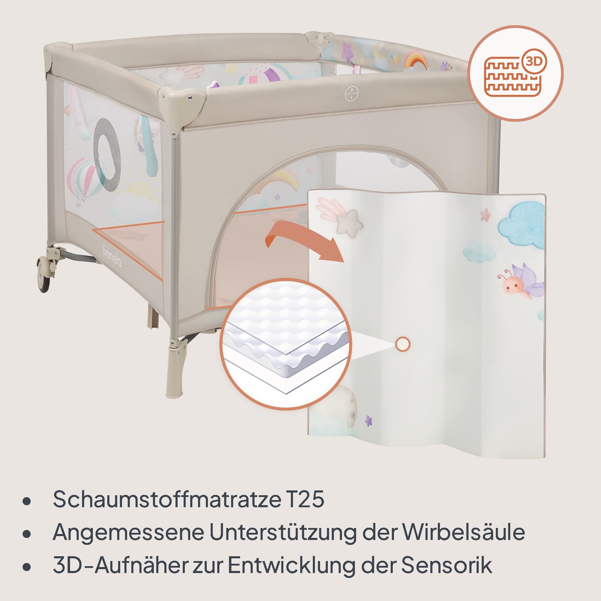 LIONELO Mille Plus Laufstall 100x100 cm mit Komfortmatte mit 3D-Bezug für Babys, bis 15 kg (0–36 Monate), Seiteneinstieg mit Reißverschluss, 2 Rollen mit Bremse, faltbar, Tragetasche