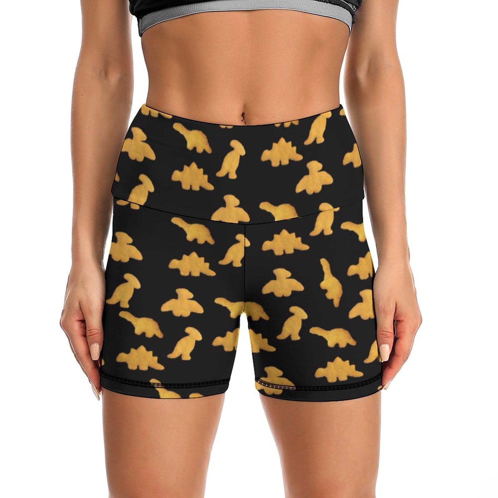 JYYAU Cute Dinosaur Chicken Nuggets Pattern High Waist Yoga Shorts for Women Athletic Shorts Leggings Running Pants Black