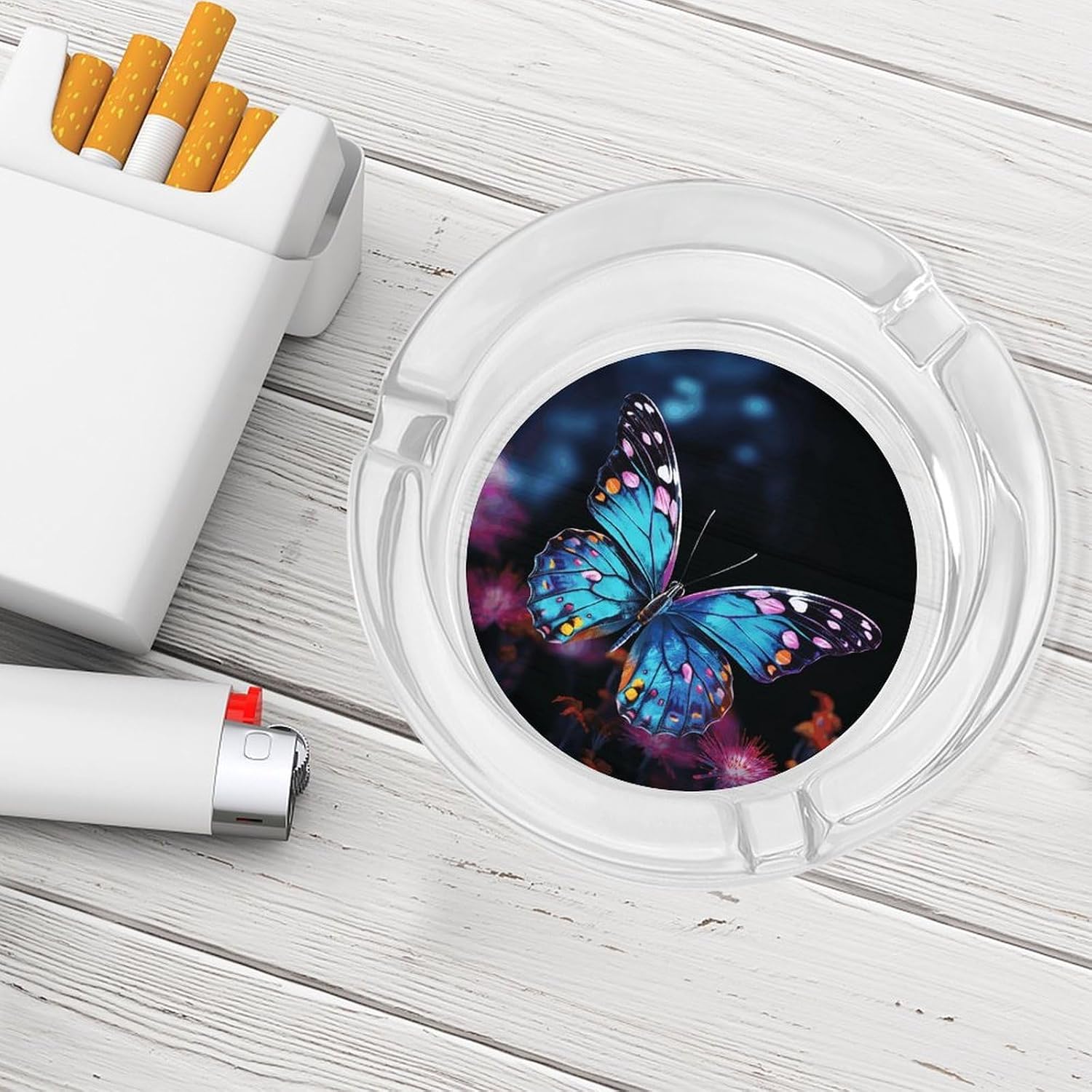 Glass Ashtrays Charming Butterfly Round Ash Tray for Cigarette Cigar Decorative Ashtray for Home Office Patio Outdoor