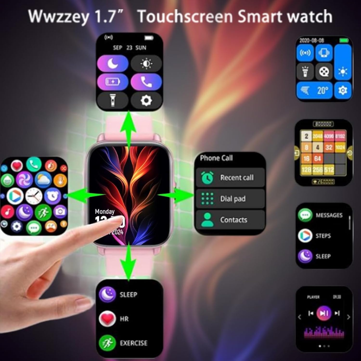 CreaTeck K10 Smart Watch displaying a notification from a messaging app, alongside a smartphone showing the same notification