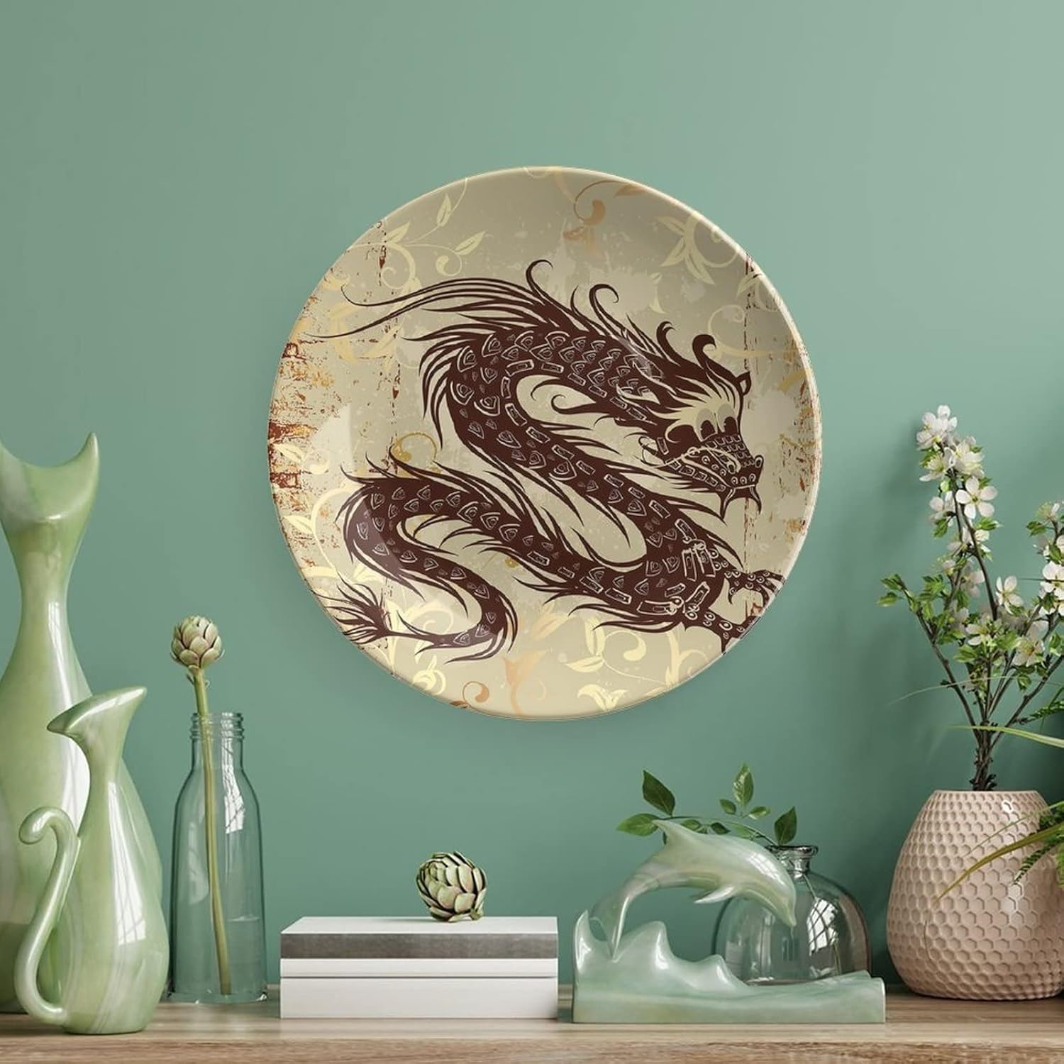 6 Inch Decorative Plate, Japanese Dragon Dinner Plate, Antique Paper Style Grunge Backdrop Print Ornament Display Plate for Dining Table Setting, Wedding Reception Decorations, Christmas Tablescape