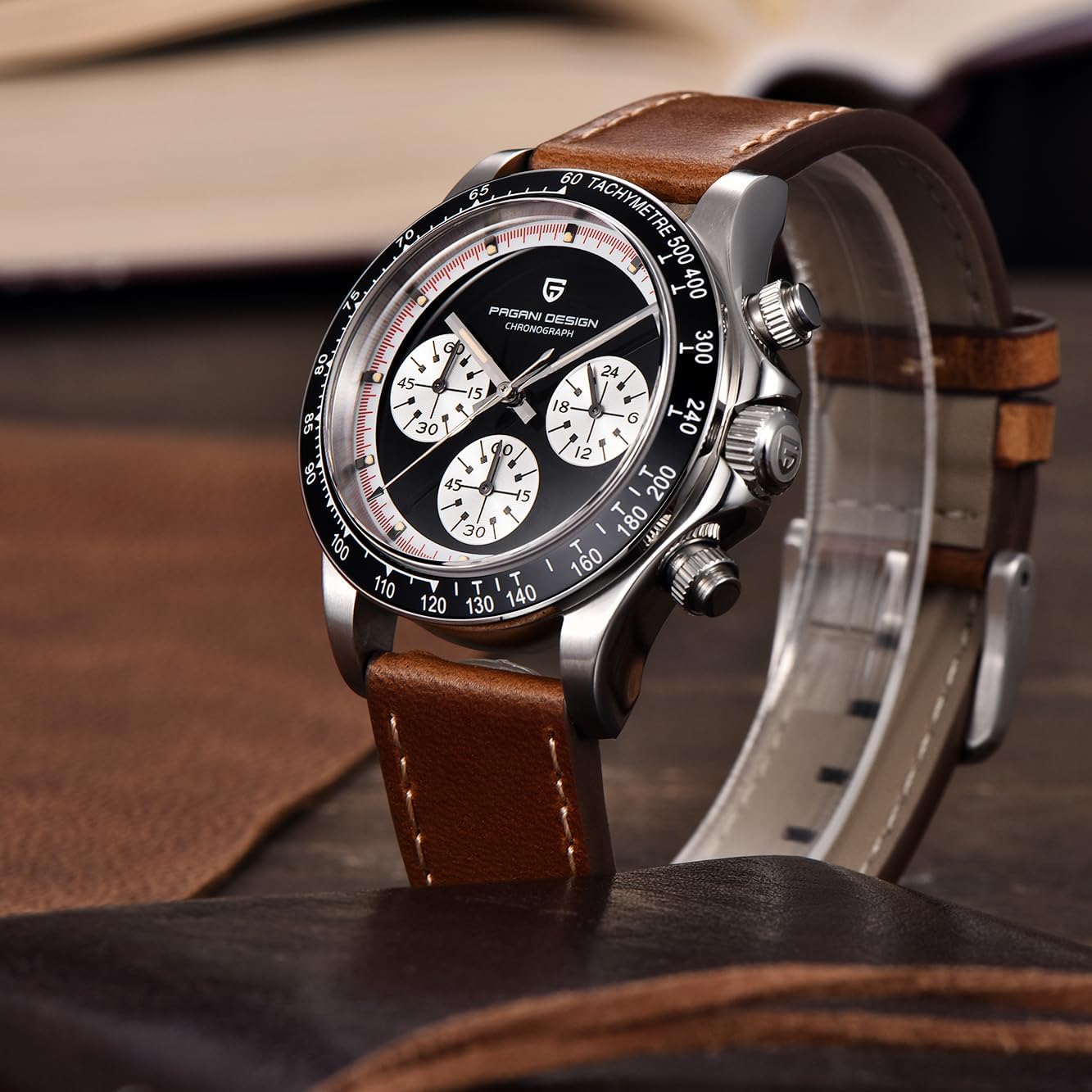 Side view of Pagani Design PD1676 watch showing crown and pushers