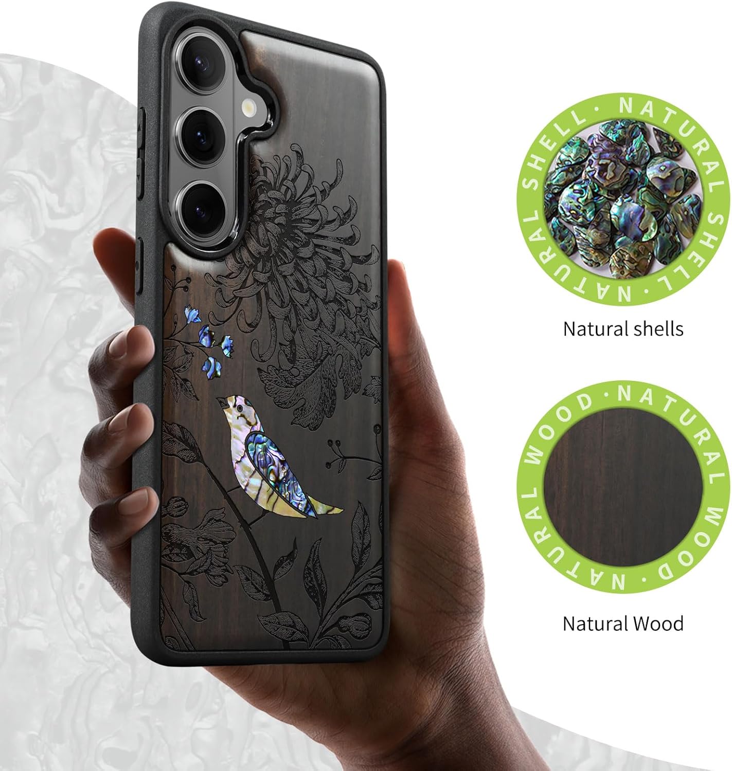Carveit Magnetic Wooden Case for Samsung Galaxy S26 Case, Wood Artisan Engraved & Handmade Shell Inlaid, Compatible with MagSafe Wireless Chargers (Flowers and Bird) Blackwood