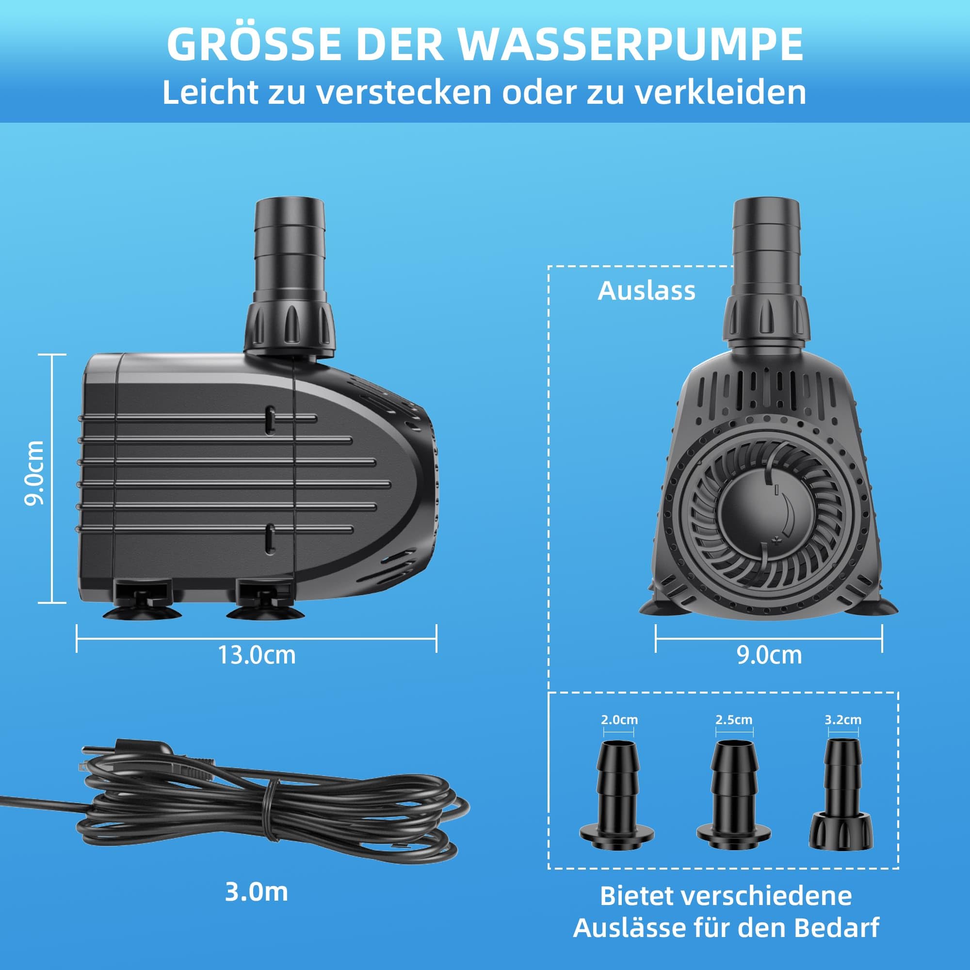 Biling Teichpumpe 1520 L/H Ultra Leise Springbrunnenpumpe Schutz vor überhitzung Funktion, Wasserpumpe Tauchpumpe mit 3m Kabel für Fontänen und Wasserspiel Brunnen Hydroponik-Systeme, Schwarz