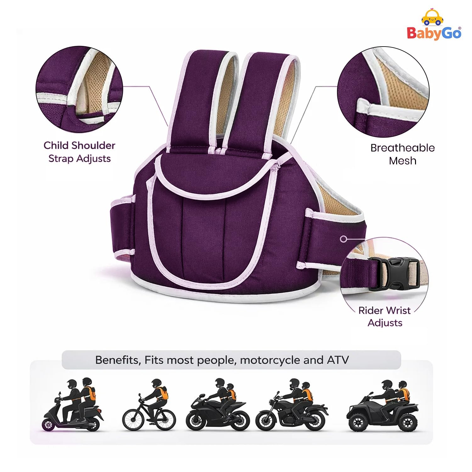 BabyGo Kids Safety Belt for Two Wheeler with Reflective Strips, Portable Baby Safety Belt for 2 Wheeler| Double Buckles for Extra Safety for Kids (Purple) 1