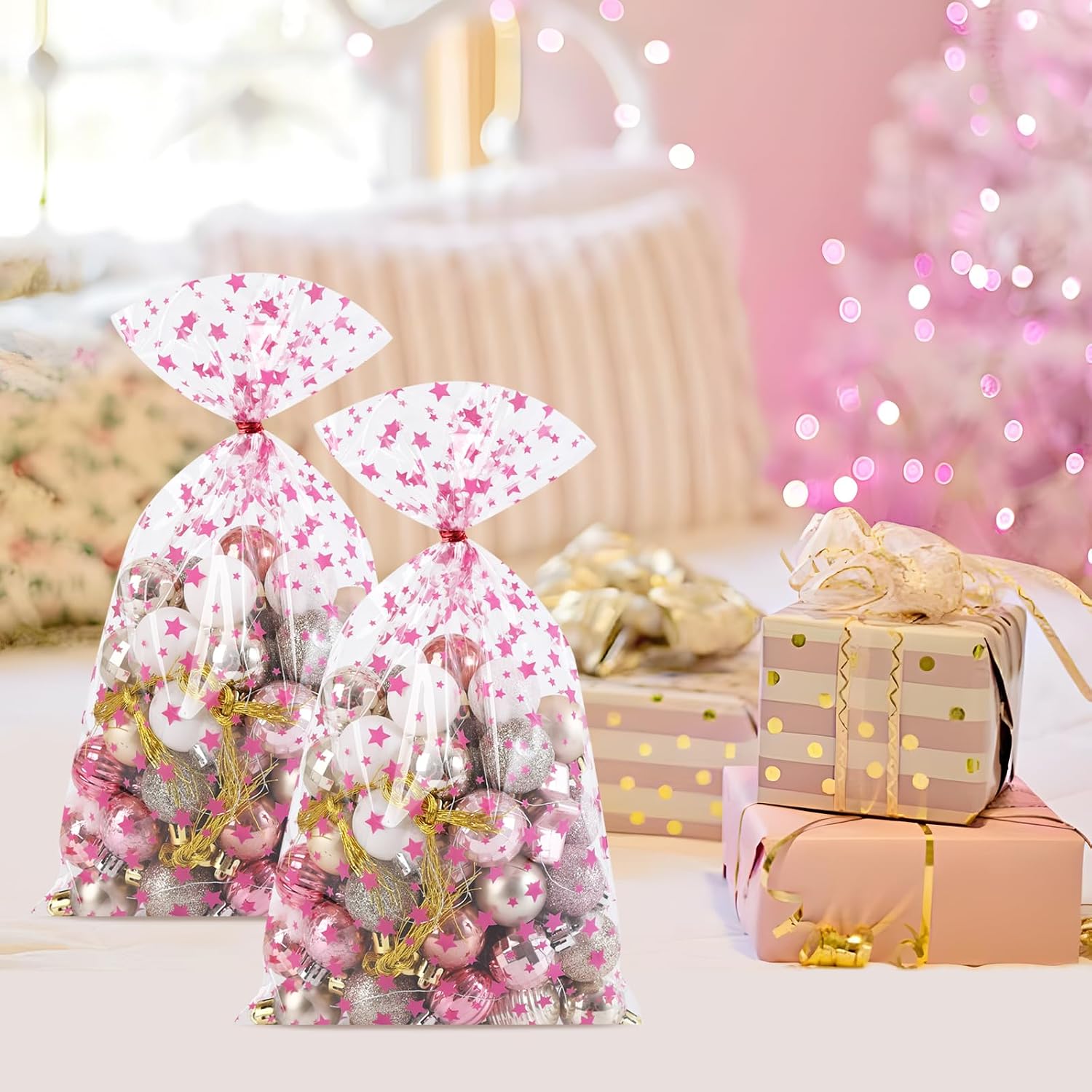 COQOFA 100 Pcs Pink Star 7"X12" Gift Wrap Cello Cellophane Treat Bags Party Favor Bags Clear Candy Cookie Plastic Poly Goodie Storage Bags with Twist Ties for Baby Shower, Gender Reveal, Birthday image 5