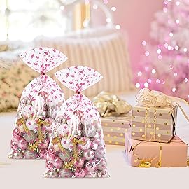 COQOFA 100 Pcs Pink Star 5X11 Gift Wrap Cello Cellophane Treat Bags Clear Candy Cookie Goodie Storage Bags with Twist Ties for Baby Shower, Gender Reveal, Birthday, Wedding, Party Decorations (Pink)