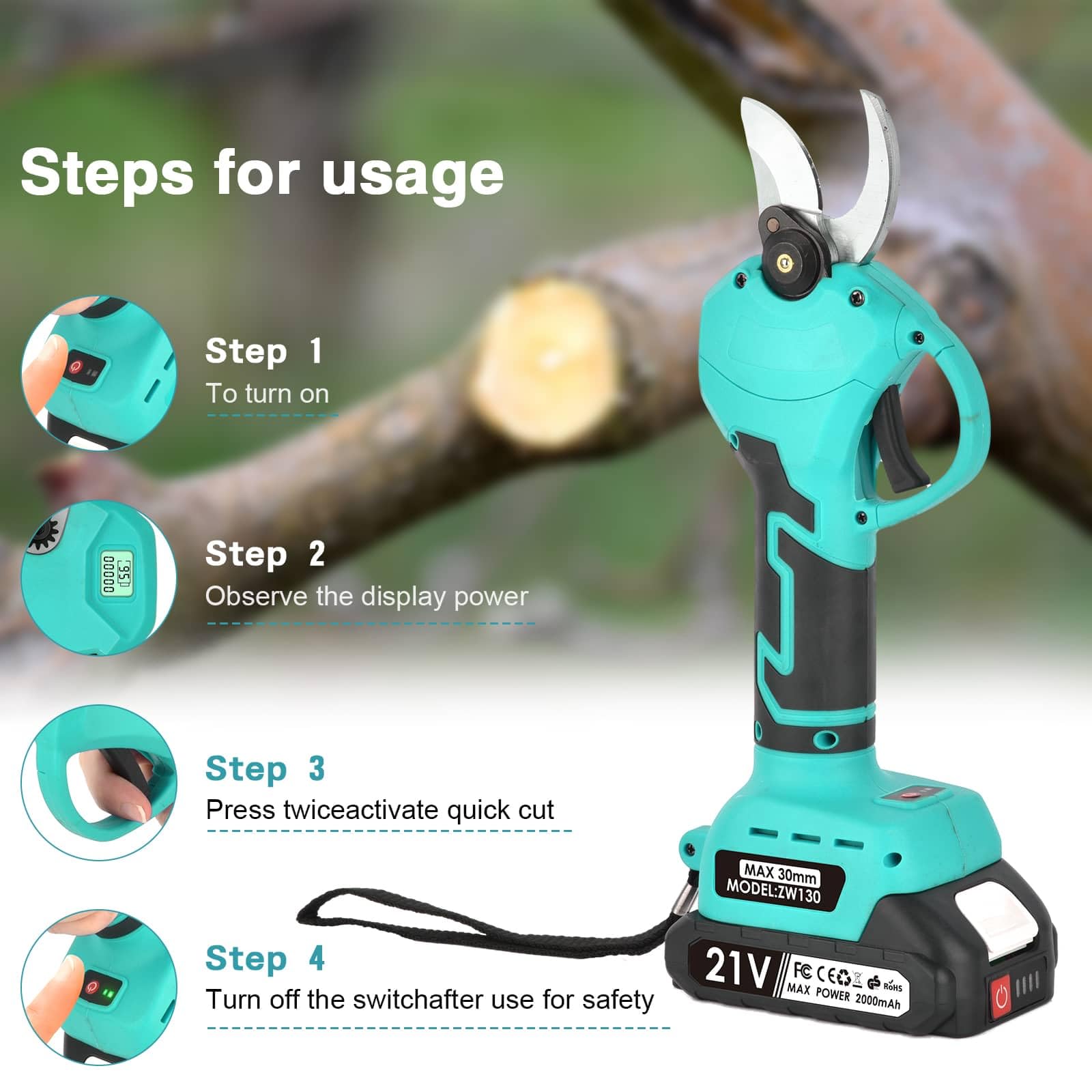 Sécateur Électrique Sans Fil 30 Mm – 2 Batteries 2Ah, Ouverture Réglable 30/18 Mm – Pro Pour Jardin, Vignes, Arbres Fruitiers