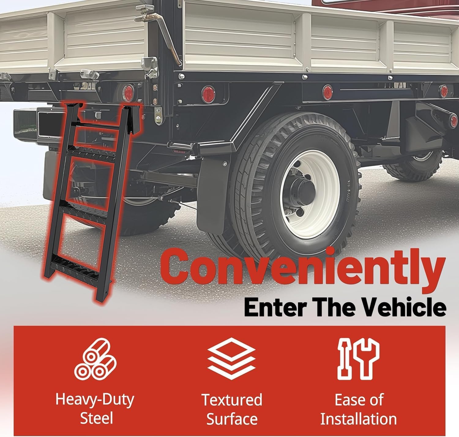 HECASA 3-Rung Truck Step Universal Fit Most Truck Tractor Trailer 14-1/4in x 31-1/2in Textured Slip-Resistant Surface Steel Powder Coated Black
