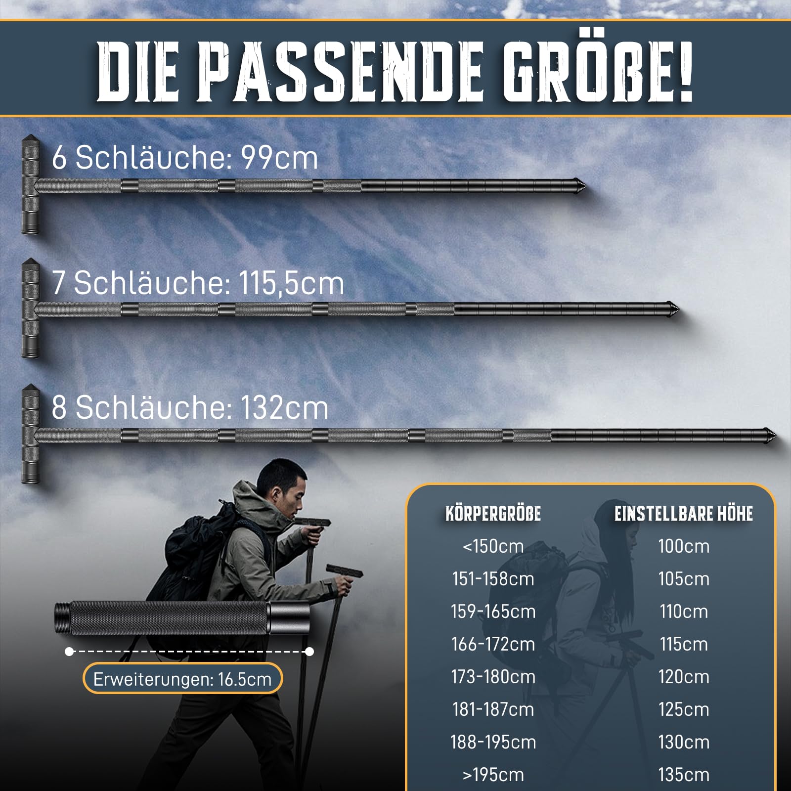 Golden Bird Wanderstöcke 13 in 1 Multifunktionale Wanderstock Trekkingstöcke Survival Verstellbare Aluminium Walking Stöcke mit Messer im Griff für Outdoor Camping Wandern Schwarz Geschenke für Männer
