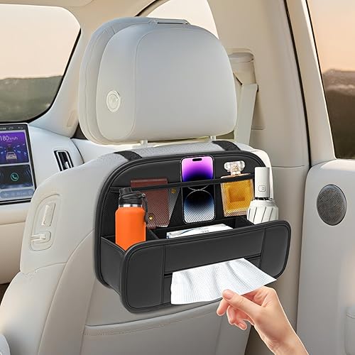 FLORICH Organizador de asiento trasero de automóvil 5 en 1, bolsillo de almacenamiento de cuero premium con soporte para tazas, soporte plegable