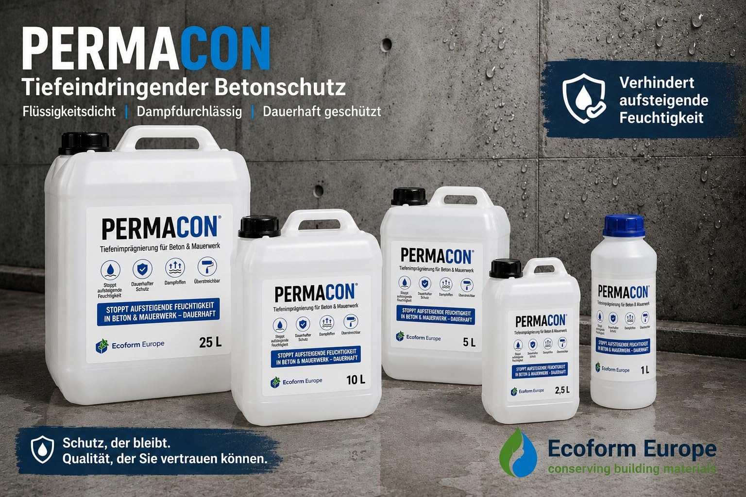 Ecoform Permacon Betonversiegelung 5 Liter - Transparente Wasserdichte Beschichtung für Beton & Stein - permanenter Feuchteschutz Innen & Außen
