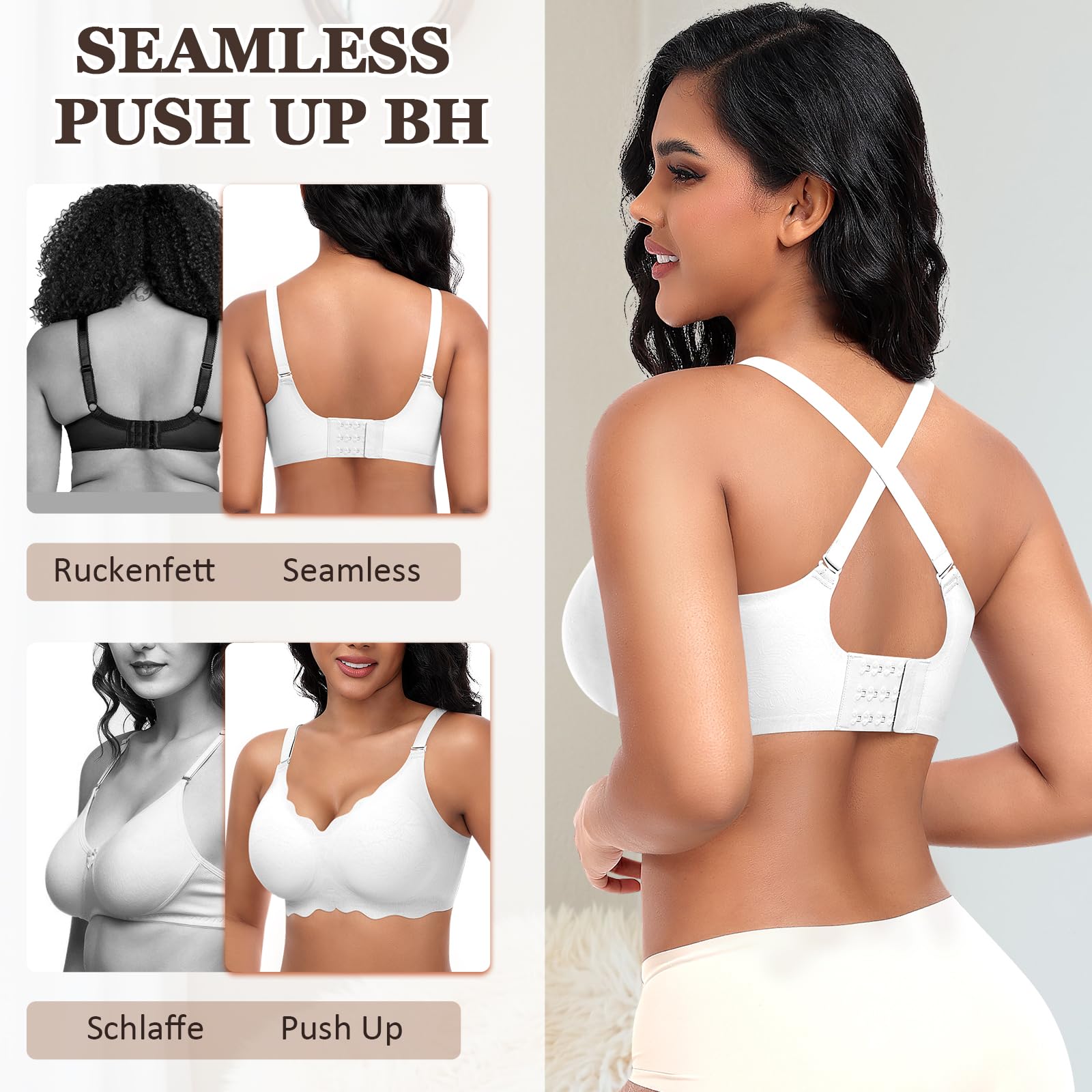 Jiuday Damen BH ohne Bügel Spitzen Soft BH Große Brüste Starker Halt Push Up Bügelloser BHS Gepolstert Seamless Bequemer Nahtloser Bra V-Ausschnitt Bralette