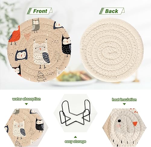 Miniatura 4 de Kawaii Owls Trees Woodland Coasters Set of 6 with Holder Coasters for Drinks Absorbent Cotton Coasters Porta Vasos para Mesas
