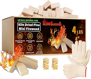 Mini Fire Stick with Fire Starters Gloves 4" Kiln Dried Pine Small Barkless Kindling Logs Compatible with Wood Stoves, Tabletop Fire Pits, BBQ Grills & Pizza Ovens, 4 lb Box