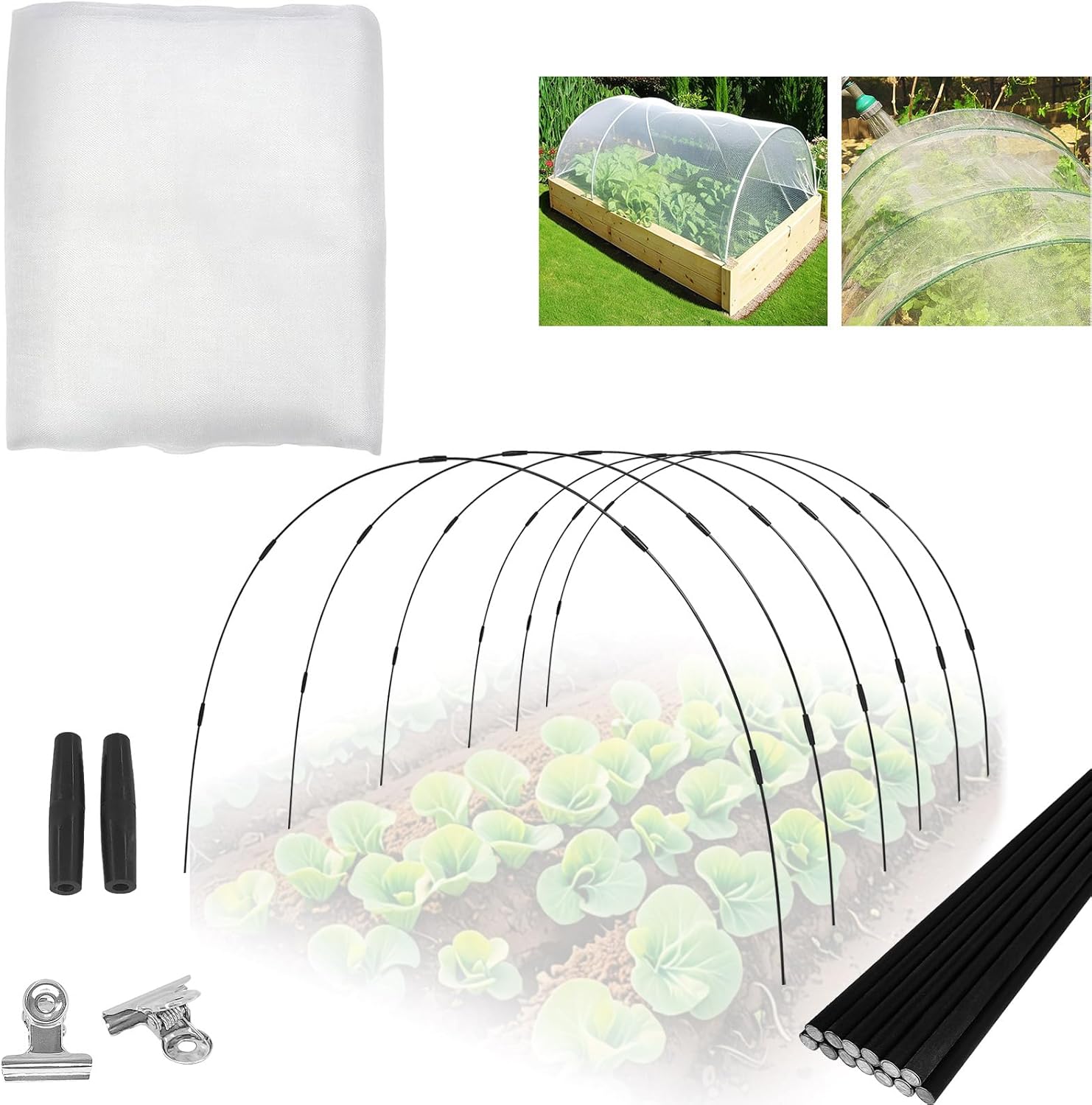 10FT x 30FT Mosquito Bug Net & 6x8Ft Fiberglass Garden Hoops Kit for Plant Protection – Fine Mesh Insect Barrier with Row Cover, Shade Cloth, & Support for Raised Beds and Flowers