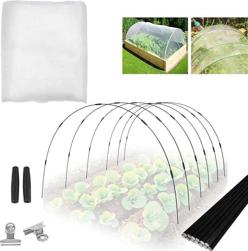 4FT x 10FT Mosquito Bug Net & 6x8Ft Fiberglass Garden Hoops Kit for Plant Protection – Fine Mesh Insect Barrier with Row Cover, Shade Cloth, & Support for Raised Beds and Flowers