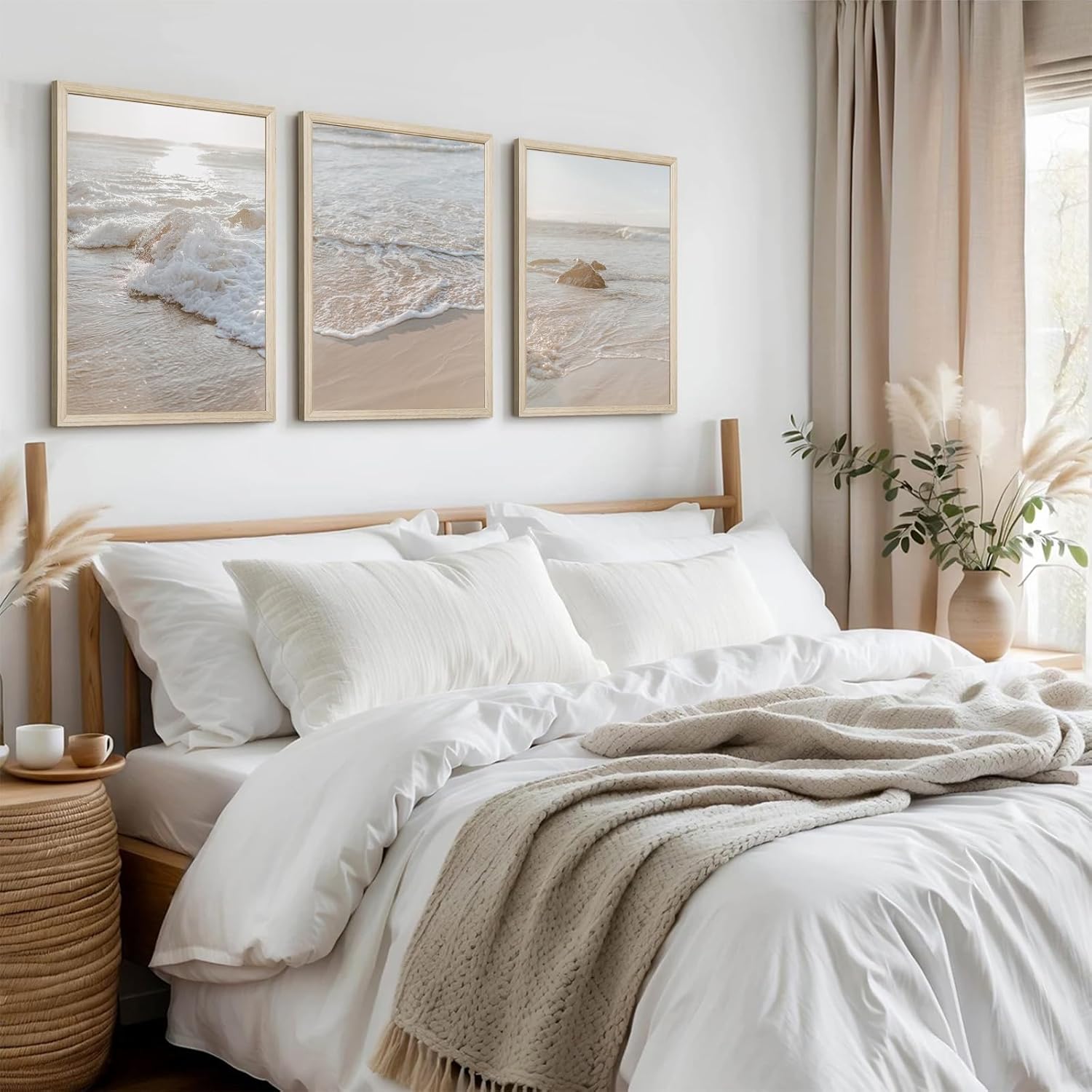 Beach Wall Art Decor Coastal Wall Art Pictures Ocean Canvas Wall Art Beige Beachy Wall Decor Boho Beach Prints Ocean Painting Coastal Artwork for Bedroom Living Room 12x16 Inch Wood Framed Set of 3