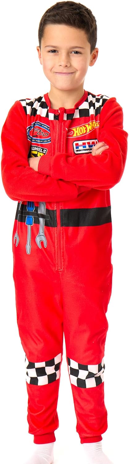Hot Wheels Boys Onesie | Kids All in One Sleepsuit Pyjamas in Red | Nightwear Fleece Zip Jumpsuit with Racing Flames