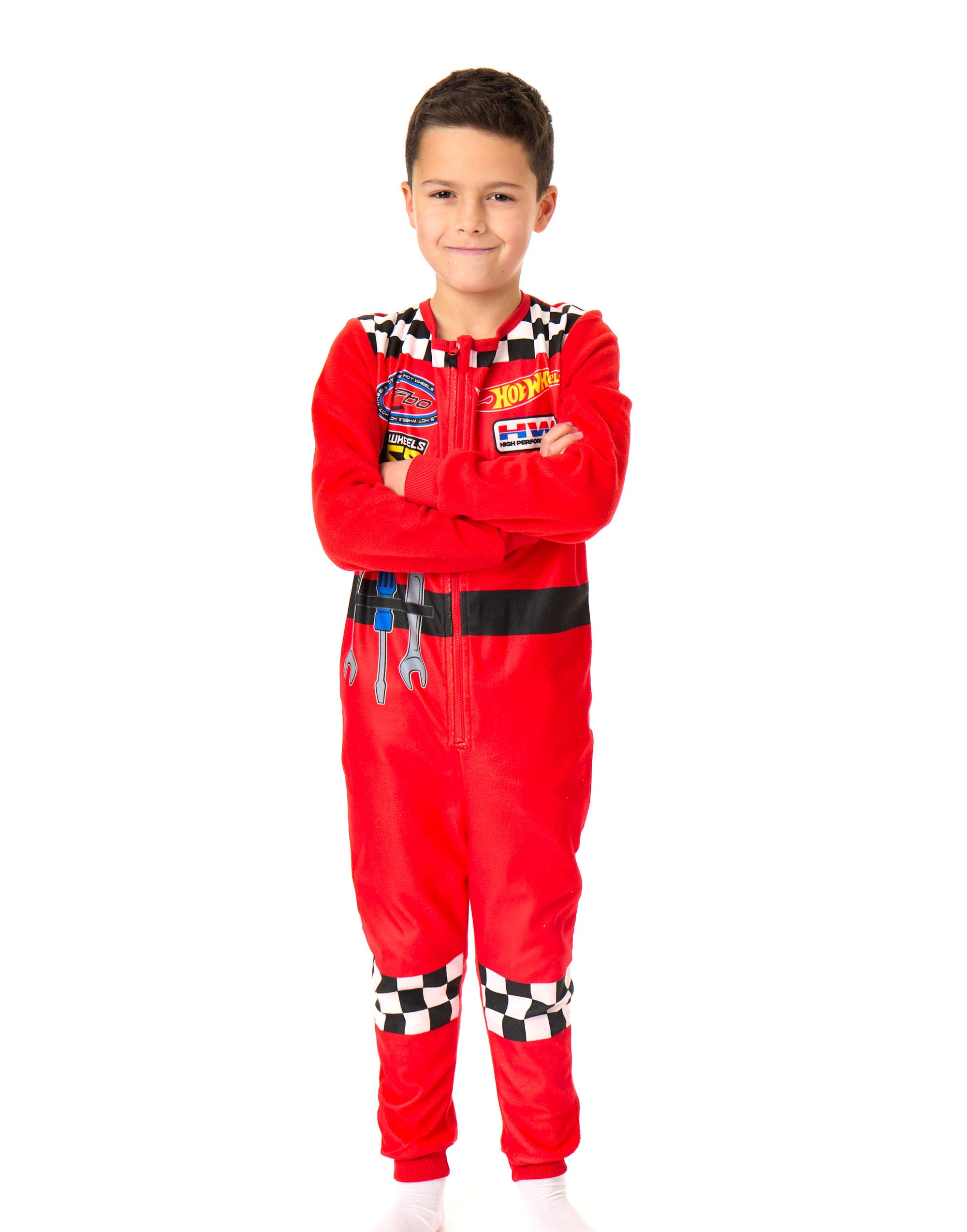 Hot Wheels Combinaison pour Garçons | Pyjama Tout-en-Un pour Enfants en Rouge | Combinaison de Nuit en Fleece avec Fermeture Éclair, Flammes de Course, Outils et Motif à Carreaux