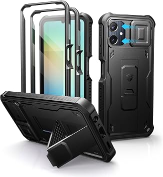 Dexnor for Samsung Galaxy A06 Case with Built-in Slide Camera Cover & Screen Protector & Kickstand, Heavy-Duty Shockproof Rugged Case Full-Body Bumper Protective Cover for Galaxy A06 Black