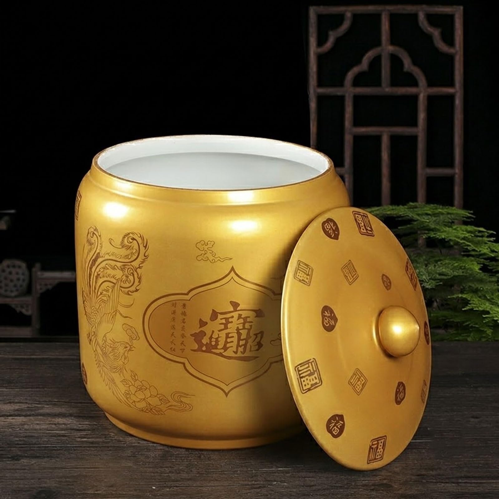 Recipiente de Arroz en Cerámica con Tapa, Gran Tarro de Arroz Chino | Recipiente para Harina y Azúcar,Contenedor de Arroz Hermético Organización de La Cocina(Gold-D,Capacity 39lb/17.5kg)