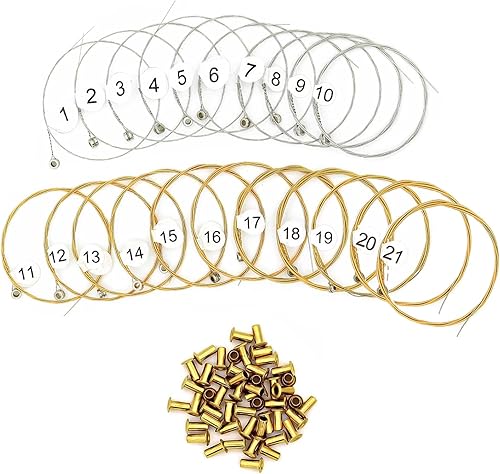Mulucky Juego de 21 cuerdas de arpa de lira de repuesto con 50 remaches huecos de latón dorado para arpa de lira de 21 cuerdas, 21 cuerdas de arpa
