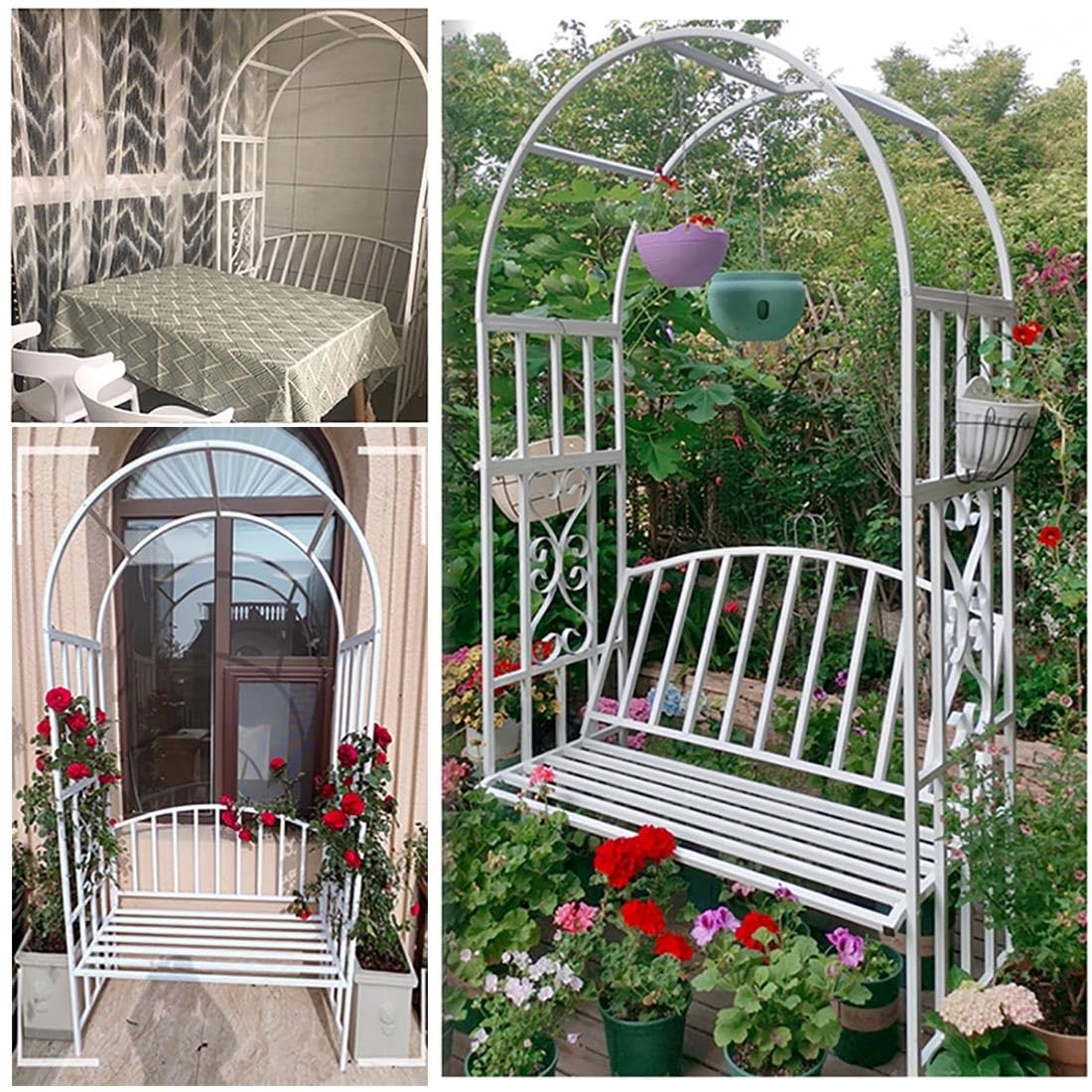 Generisch 2 m Gartenbogen mit Bank,Metall Rosenbogen mit Sitzbank,Torbogen Rankhilfe für Kletterpflanzen,Rankbogen für Garten,2-Sitzer Rankgitter Bank Spalier Pergola für Rasen Terrasse(Weiß)
