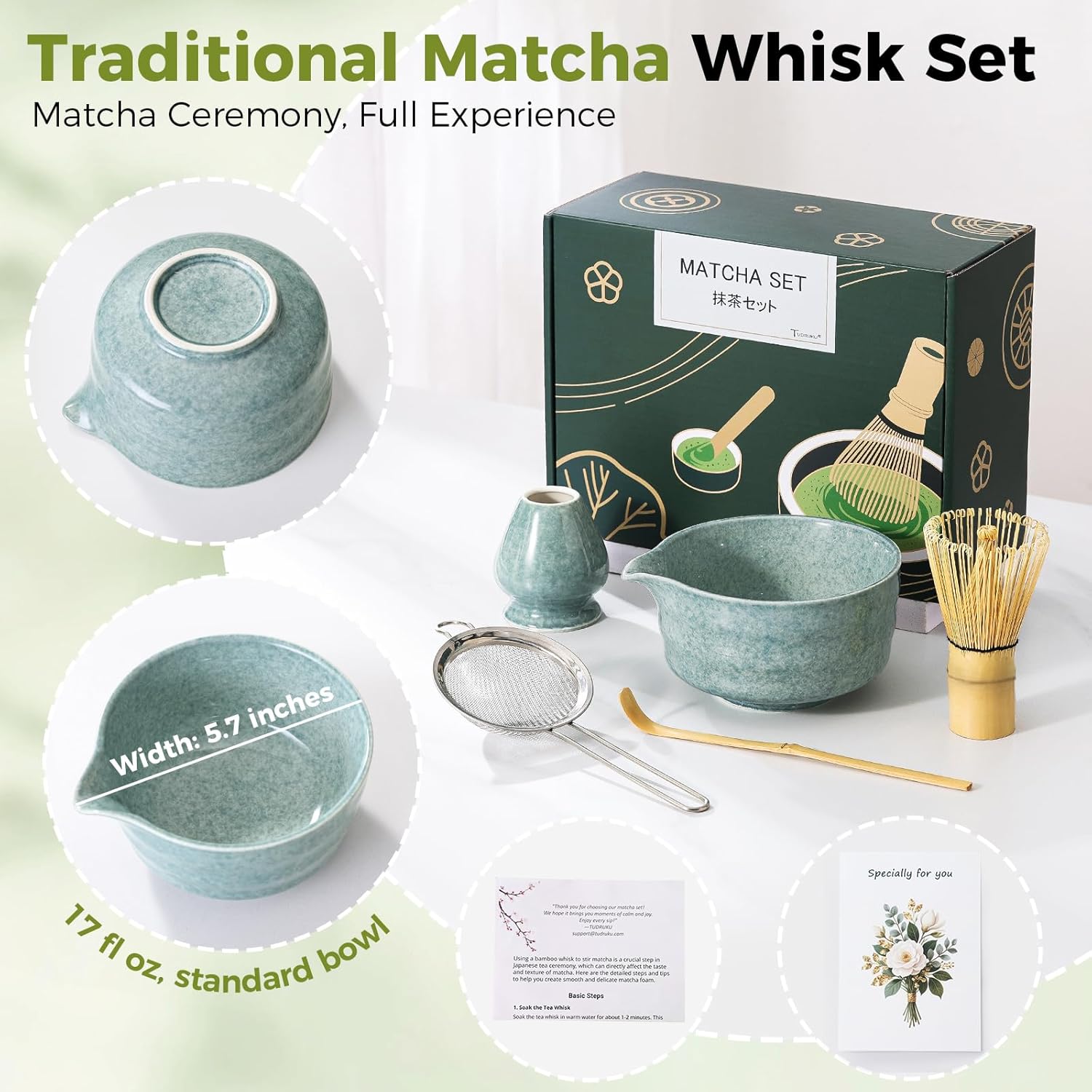 Matcha Whisk Set - Bamboo Whisk and Holder, Bowl with Spout (17 oz), Matcha Sifter and Scoop, 5 Pcs Cute Matcha Kit Set Gift for Matcha Lovers (Bluish Green) - Image 2