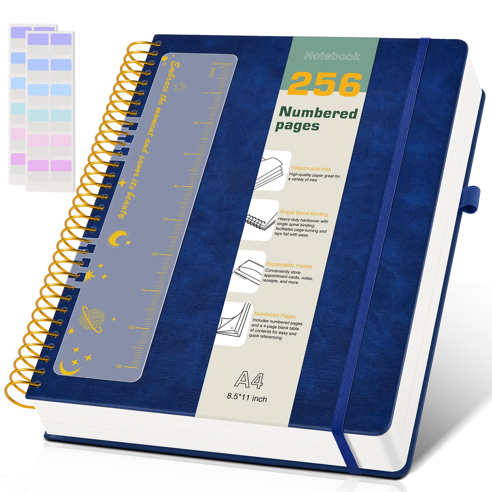 B5 Spiral Notebook Journal 7.6” x 10”, 300 Numbered Pages Hardcover Leather Journals for Women Men, Large Lined College Ruled Notebooks, 100GSM Thick Paper, Spiral Bound Journal for Work School, Navy