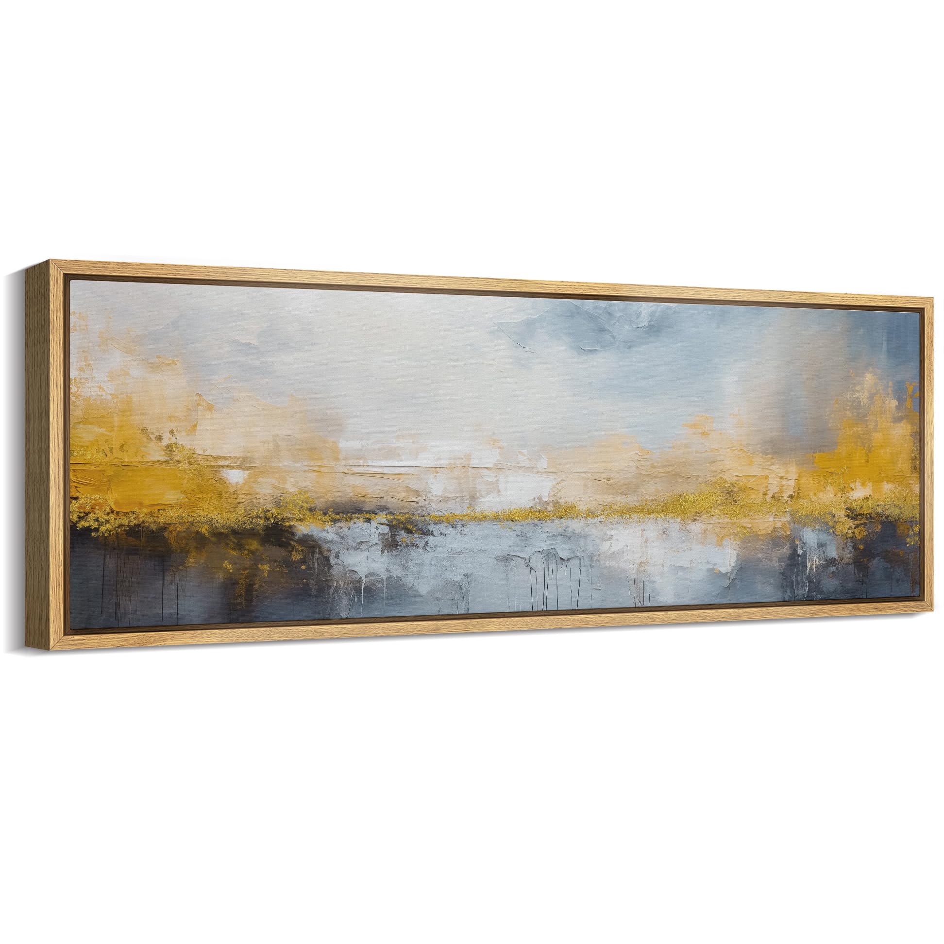 MUDECOR Large Framed Canvas Print Wall Art Abstract Lakeside Textured Gold and Blue Horizon Nature Wilderness Antique Retro Fine Art Illustrations