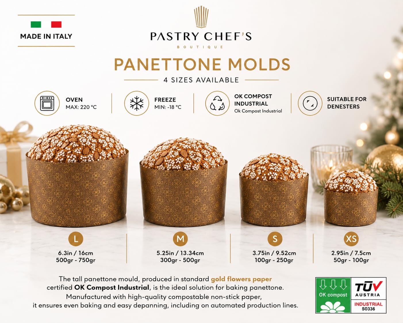 Pastry Chef's Boutique Molde de papel Panettone fino – XS – 4-3/8" x 3-3/8" - 250 gr - Paquete de 12 - Fabricado en Italia