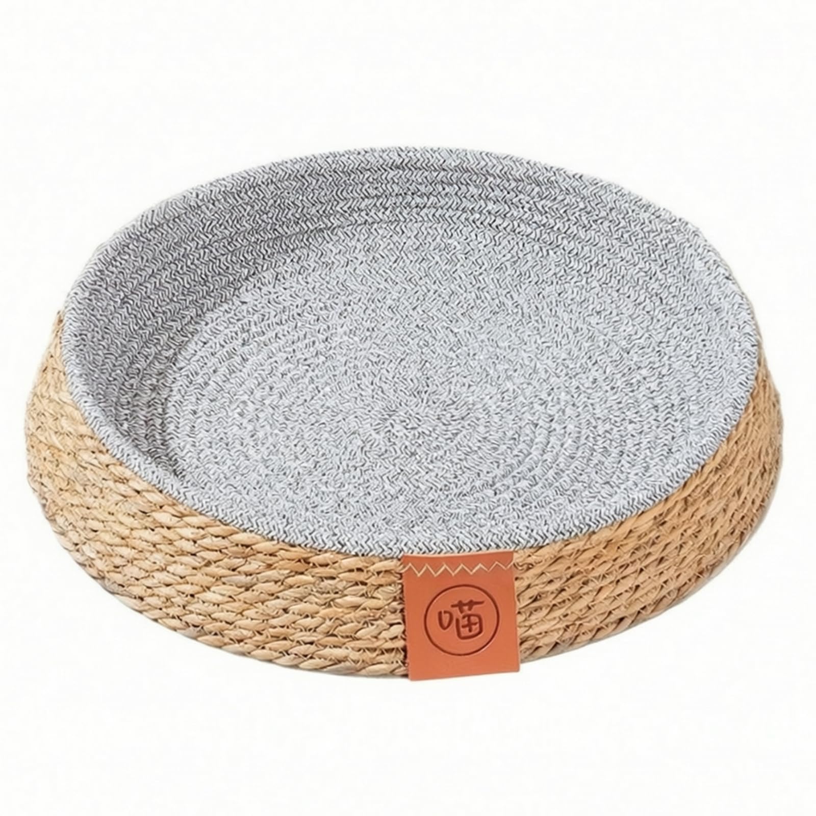 Colcolo Cuccia per Animali Domestici Letto Tondo Cestino Basso Nido Accogliente con Bordo Contenitivo E Etichetta Frontale Decorativa in Giunco E Cotone Adatta a Soggiorno, 40 Cm