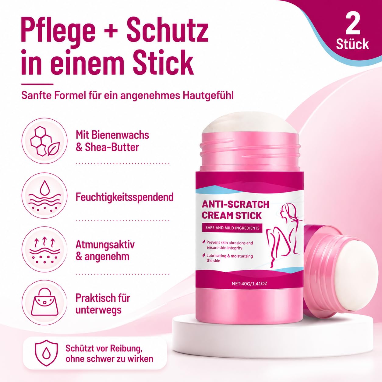 2 Stück Anti-Wundreib-Stick, Anti Chafing Stick, Anti-Chafing Balsam Stick - Reibungsschutz für Oberschenkel, Füße & Achseln - Pflege Stick für Sport, Reise & Alltag