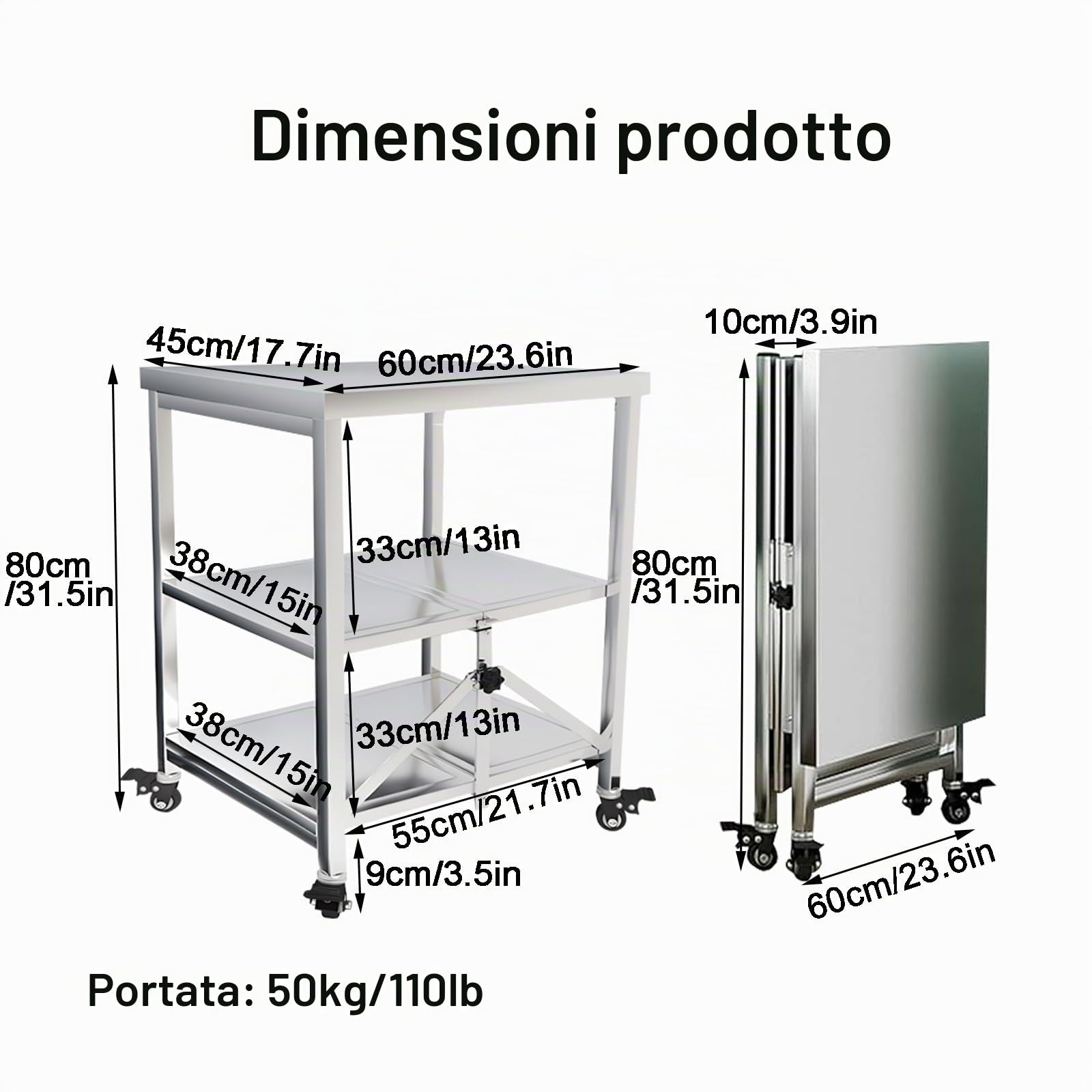 HIYOUGO Carrello da Cucina, ​Pieghevole Carrelli da Portata in Acciaio inox | Scaffalature Inossidabile Salvaspazio per Famiglia Ristoranti Salone Hotel, con Ruote, 3 Ripiani, 60X45X80CM