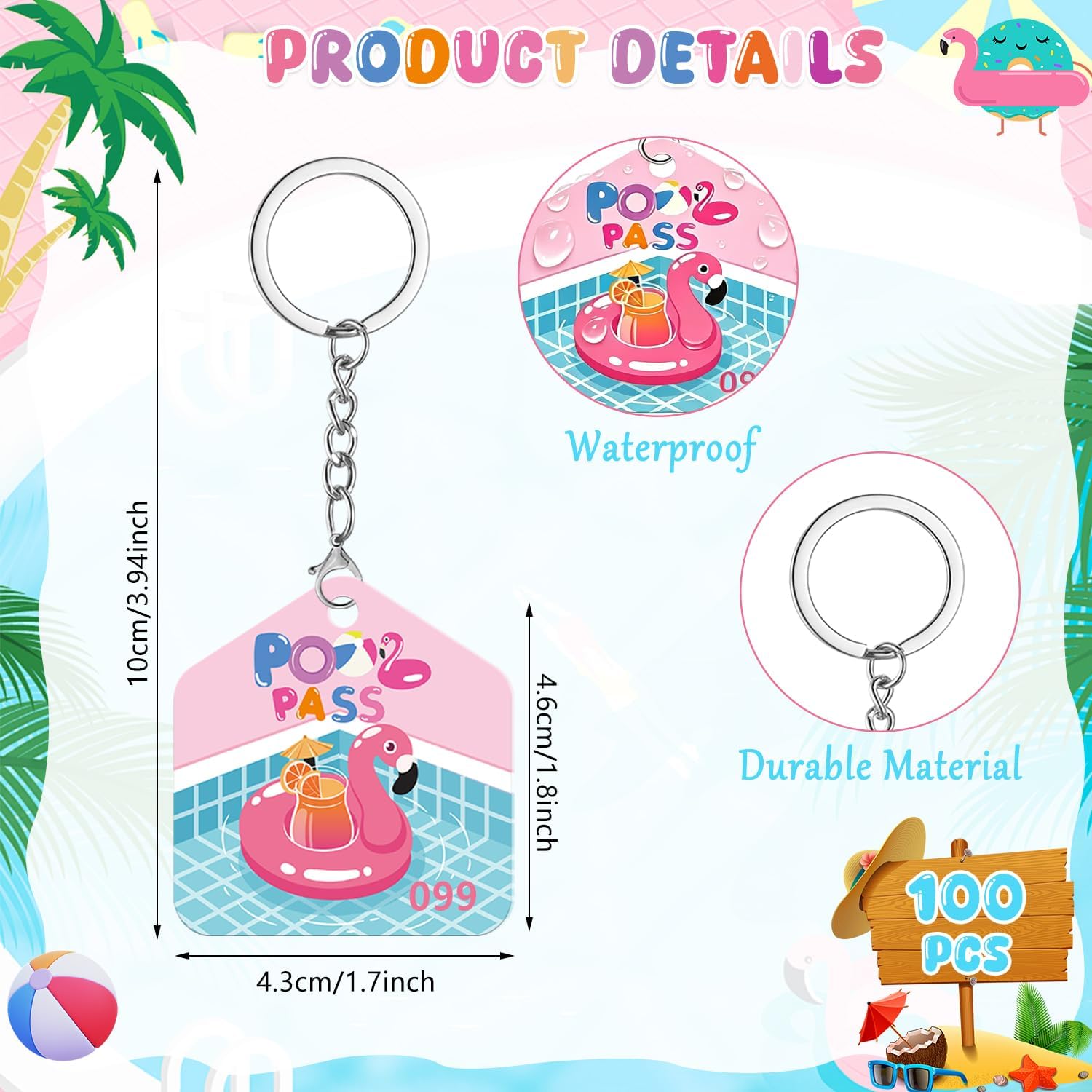100 Pcs Pool Pass Tags with Consecutive Numbers 0001-0100, 1.8 x 1.7 Inch Pool Keychain with Ring for Guests Members, Waterproof