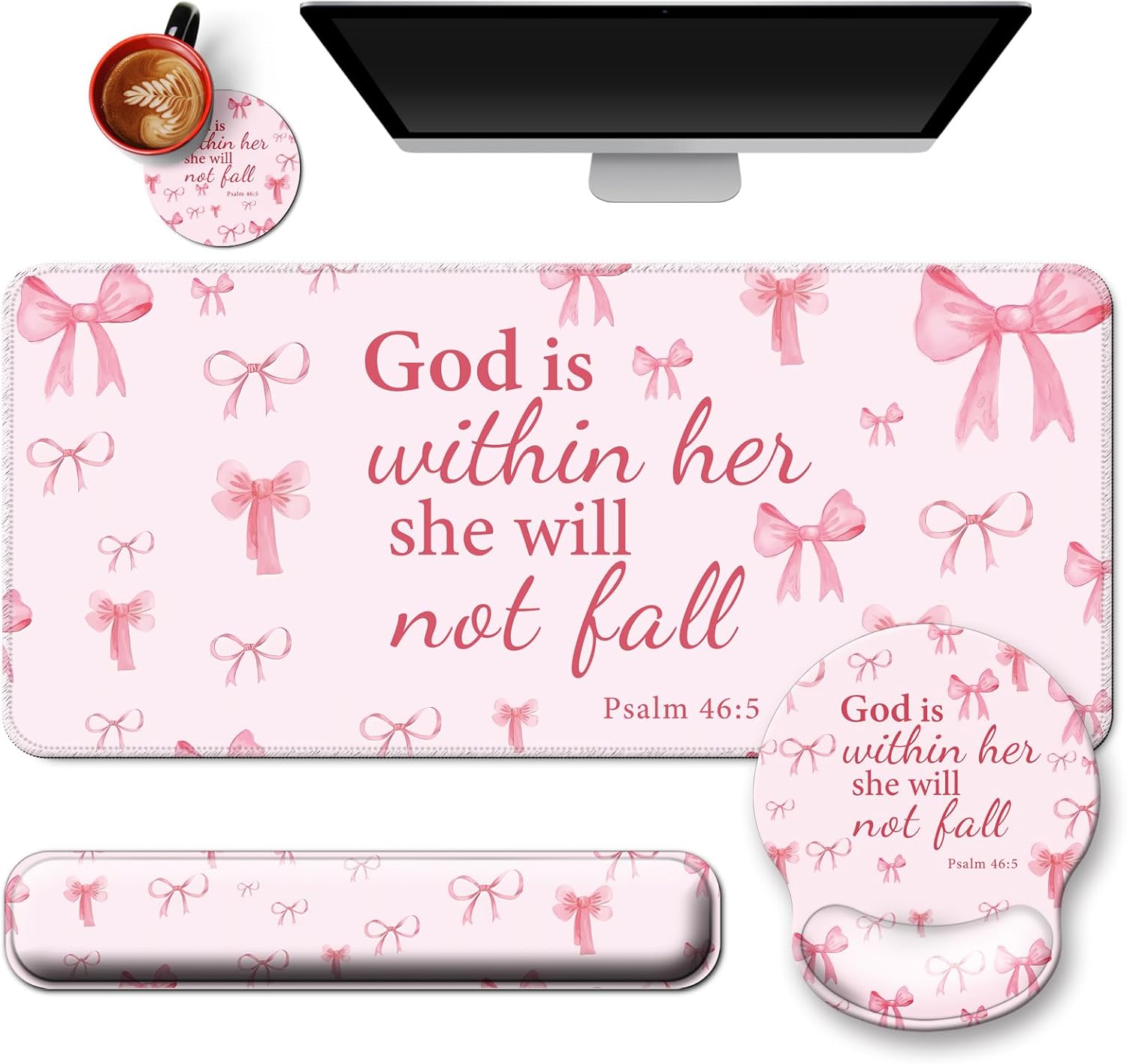 Mouse Pad + Desk Mat + Keyboard Wrist Rest + Coaster 4 in 1 Set, Cute Ergonomic Large Gaming Mousepad with Wrist Rest Support Desk Pad for Computer Laptop Office Home Decor-Pink Bow