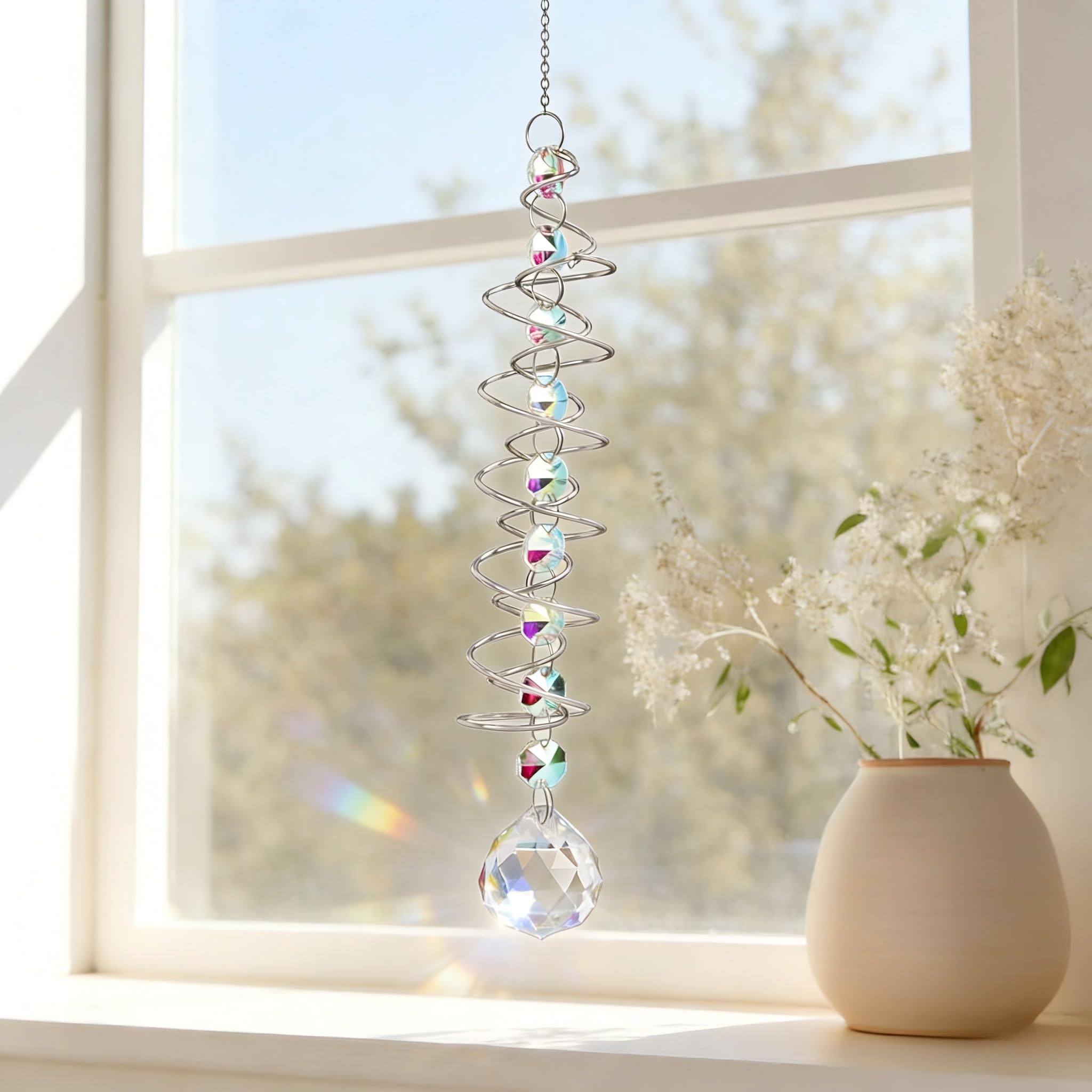 Winsegom Crystal Sun Catcher, Rainbow Suncatcher for Windows, Colorful Gazing Ball Spiral Tail, Hanging Crystal Suncatcher for Indoor Outdoor Garden Decoration & Gift for Crystal Lovers