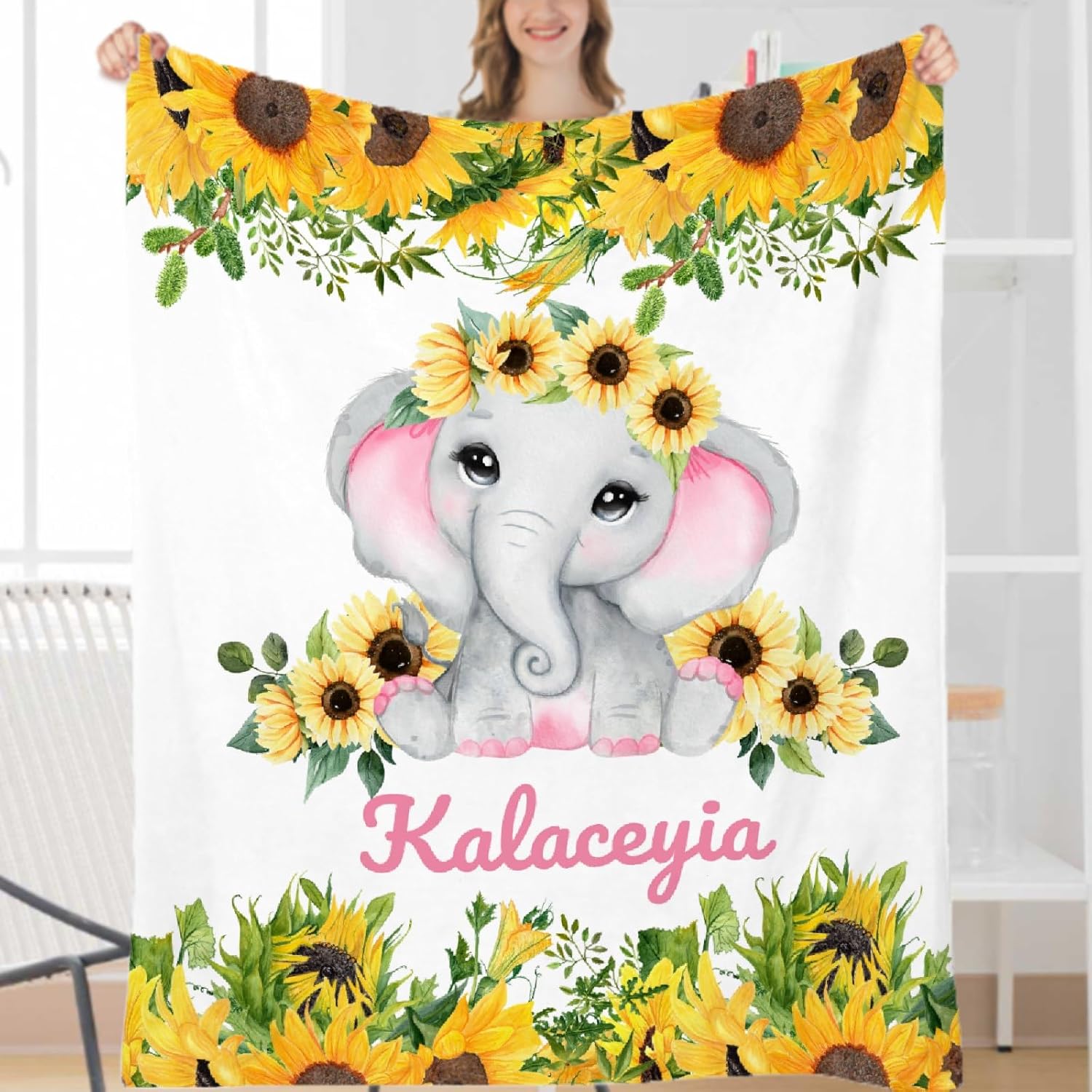 Custom Baby Blanket with Name, Personalized Sunflower
