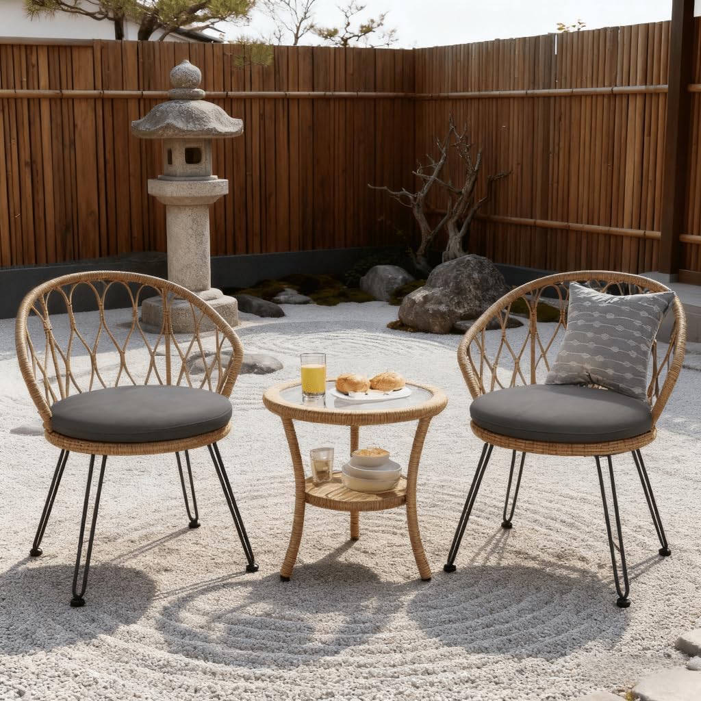 Outdoor Leisure Set - 2 Rattan Single Chairs & Glass Round Table for Patios, Balconies, Courtyards