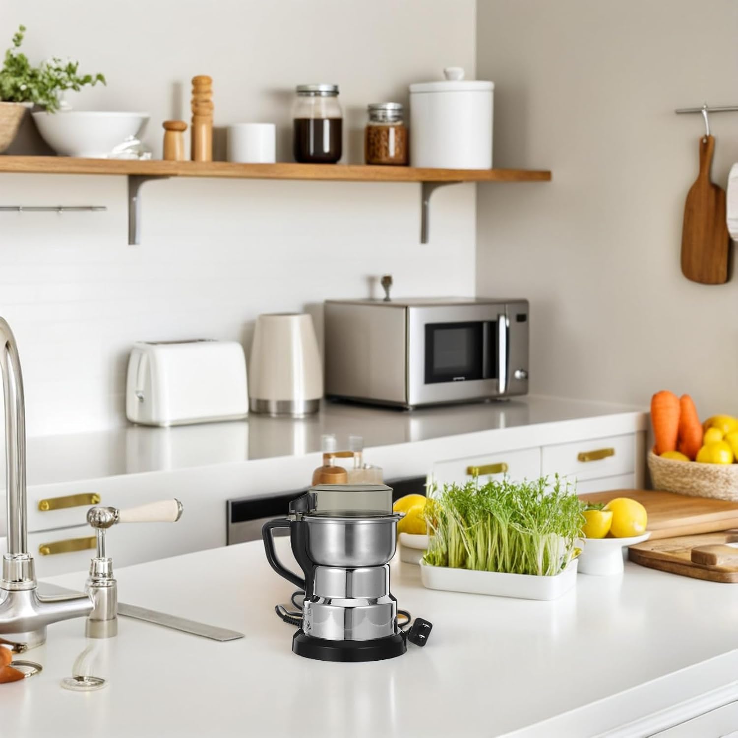 Electric Grain Grinder Machine Compact Design Stainless Steel and Plastic, Easy to Use and Clean for Coffee Beans and Nuts for Kitchen Countertop and Home Use