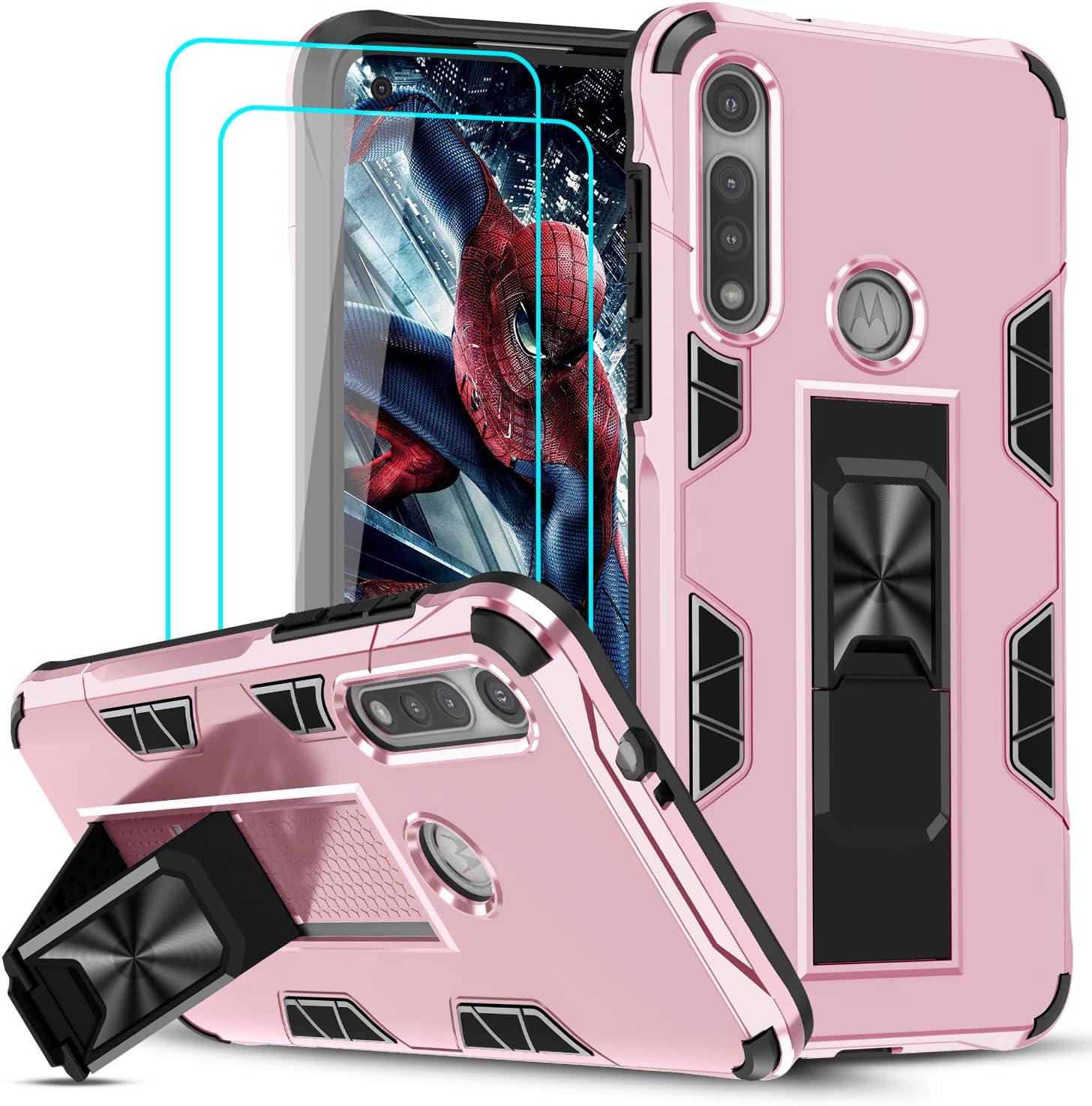 LeYi Compatible with Moto G Fast Case, Motorola G Fast with Tempered Glass Screen Protector [2Pack], Military-Grade Shockproof Built-in Kickstand Car Mount Phone Cover Case for Moto G Fast, Rose Gold