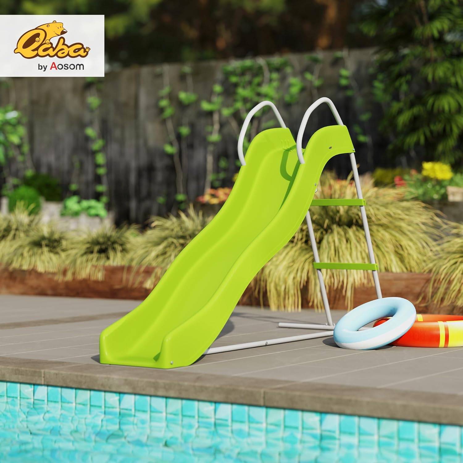 Qaba Outdoor Slide for Kids Ages 3-8, 5.7FT Freestanding Wave Slide, Climbing Step Ladder, Playground Equipment for Backyard, Garden, Gift for Boys and Girls, Green