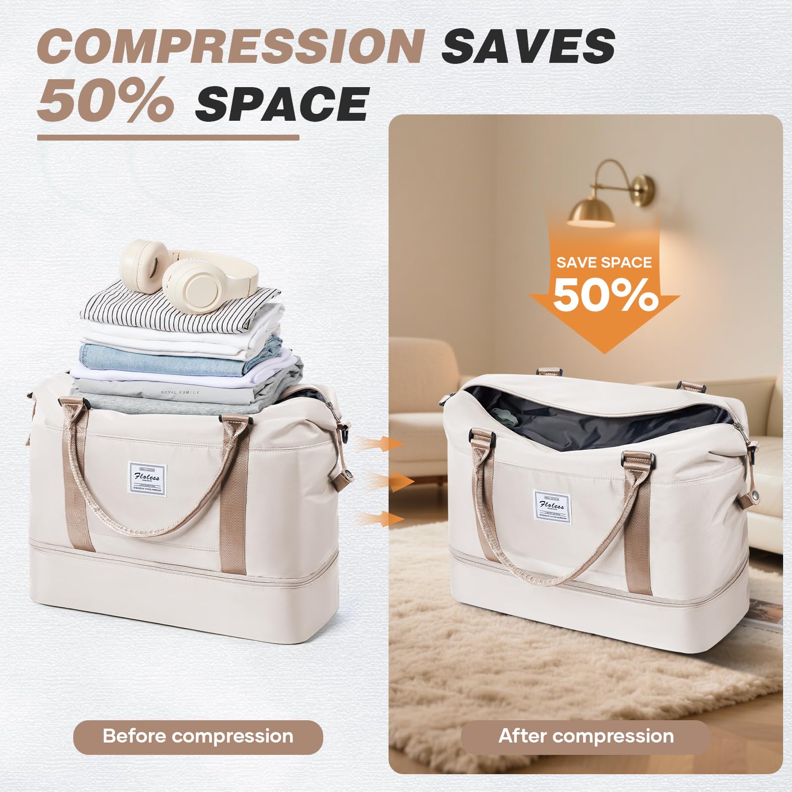 Borsone da Viaggio Sottovuoto con pompa,Bagaglio a Mano Easyjet Borsa da Viaggio con Scomparto per le Scarpe, Borsa da Cabina per Easyjet Borsa Sportiva Borsone da Palestra da Weekend,R3-Beige Marrone