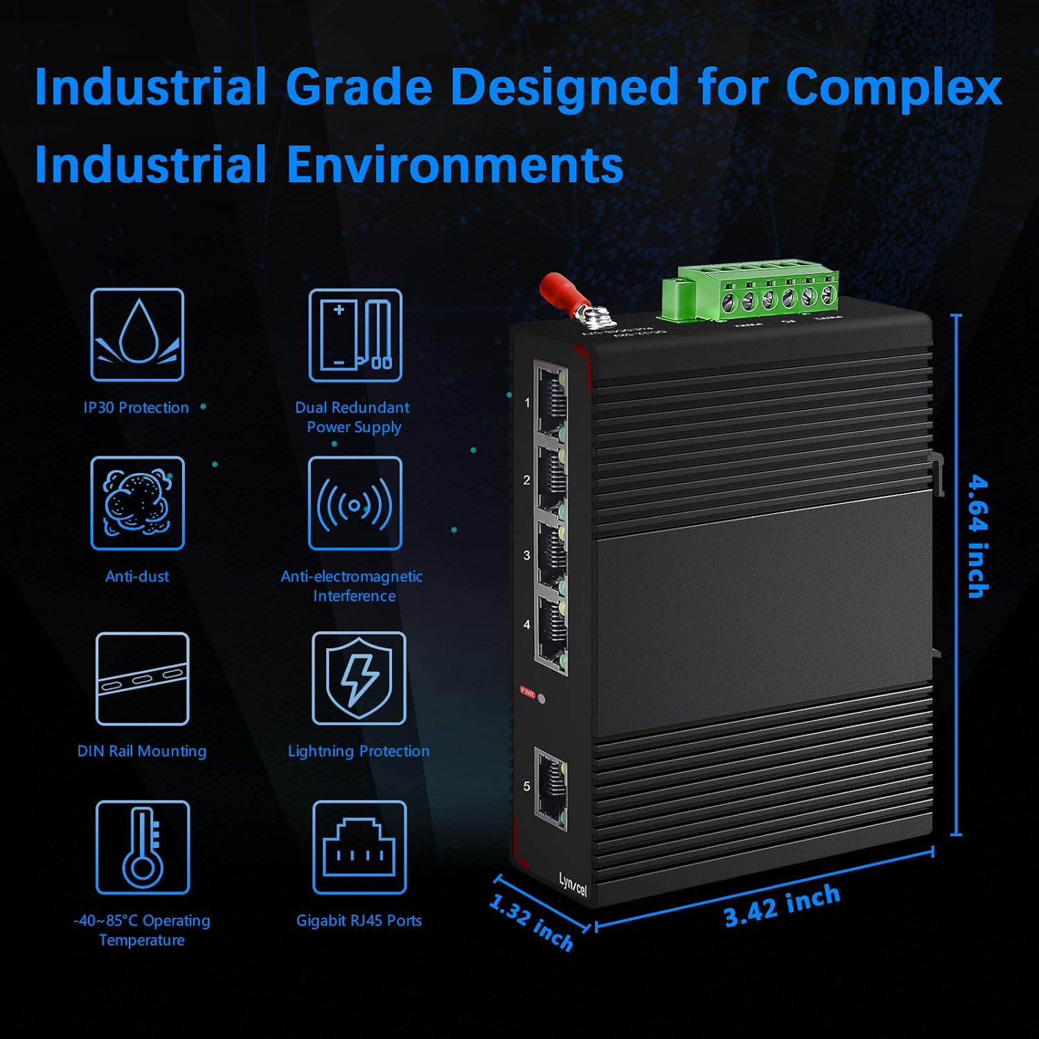 5-Port Gigabit Industrial Ethernet Switch, 10Gbps Switching Capacity, IP40 Rated Unmanaged Din Rail Network Switch, Opearting Temperature Range of (-40 to 185°F) with One Power Supply