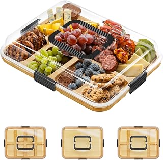 SpaceAid Bamboo Charcuterie Board with Clear Lid, 8 Compartments, Black Handles - Portable Picnic Serving Tray
